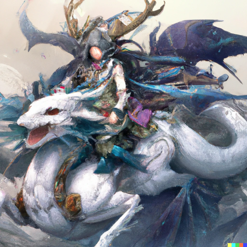 Prompt: “Warhammer elf mage character riding a white Chinese dragon” by Yan van Eyk