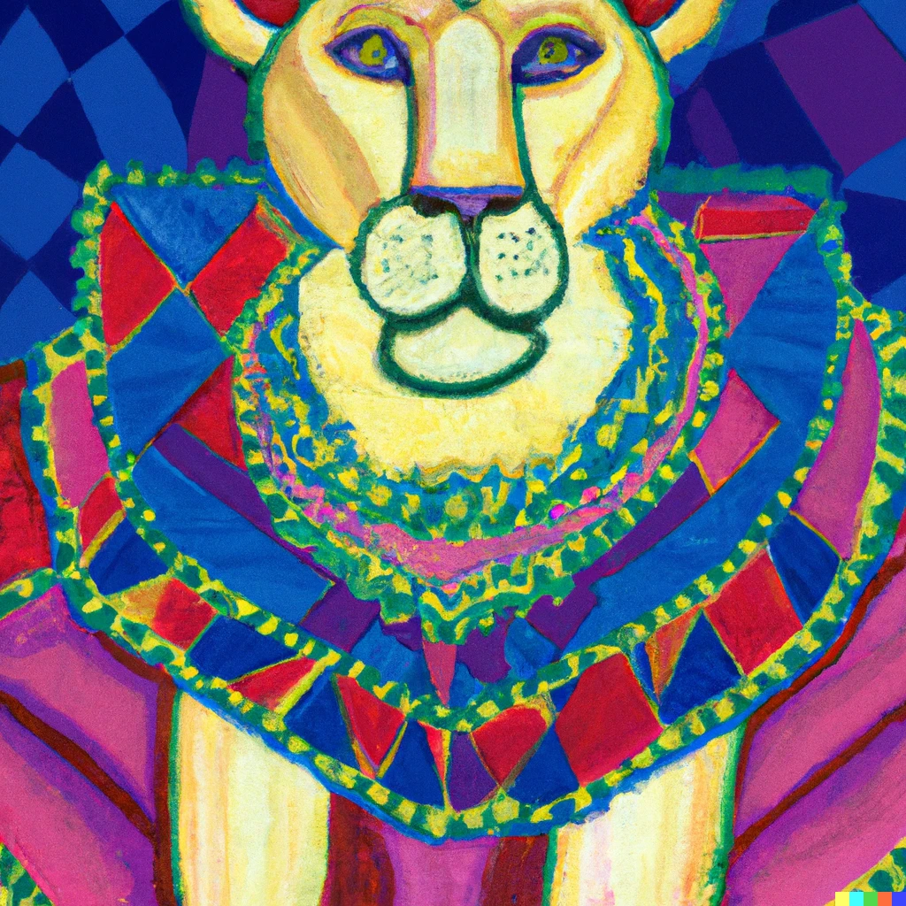 Prompt: A colorful, storybook illustration of a regal lion Queen made of pastel, bright patchwork quilting