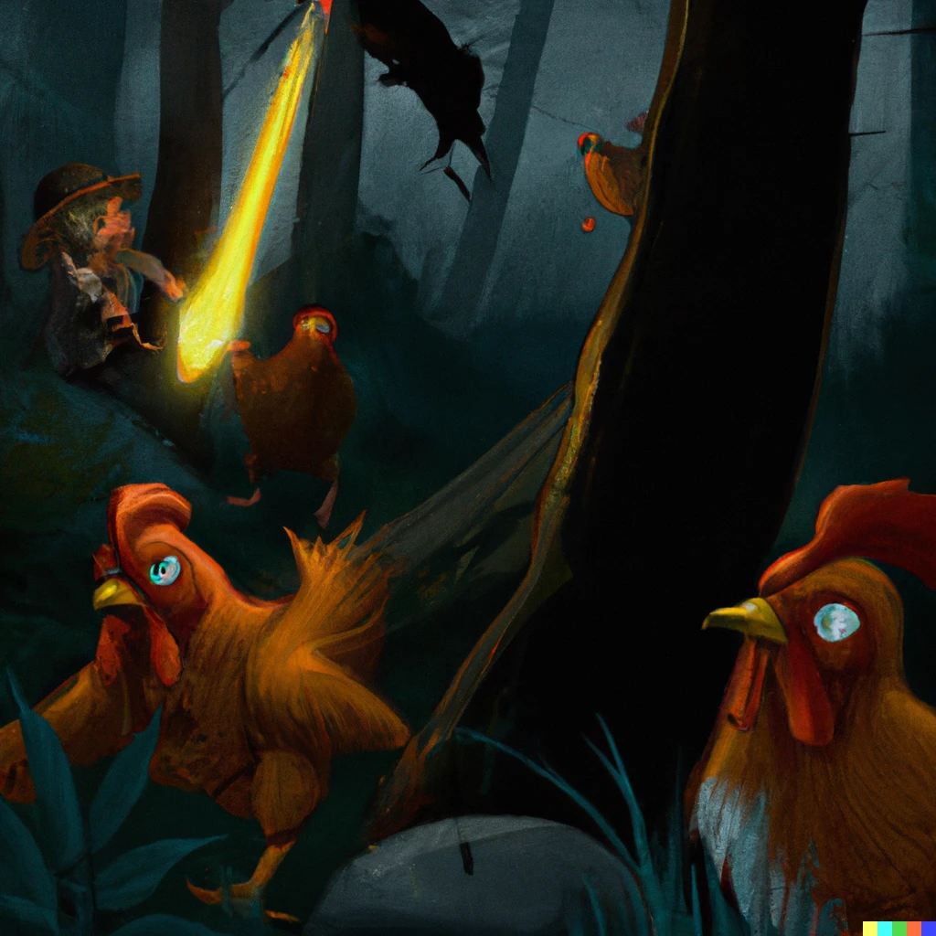 Prompt: team of chicken spies using a fire torch doing a monster hunt in rainy dark forrest ,digital art