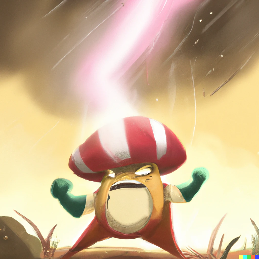 Prompt: Mushroom becoming the superhero for the first time, roaring with happiness, digital art