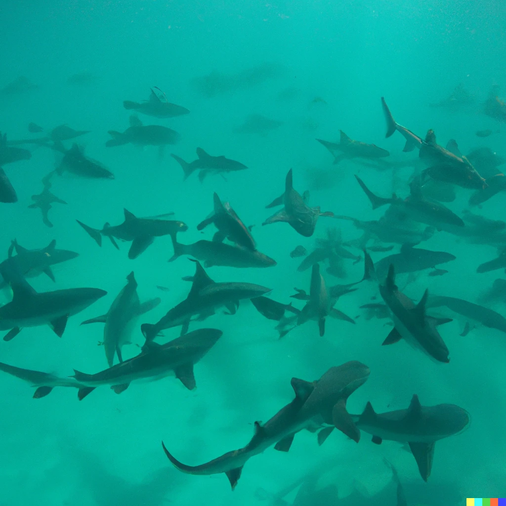 Prompt: Gopro view of ocean of sharks