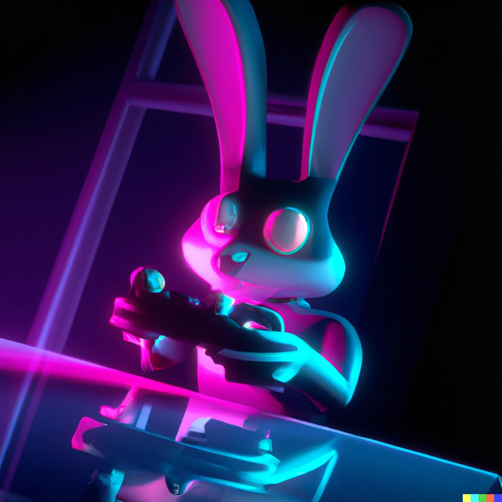Prompt: 3d model bugs bunny enjoying his life playing games in dark room, cyberpunk illustration