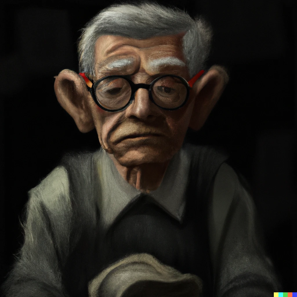 Prompt: a grumpy old man, waiting for retirement, digital art