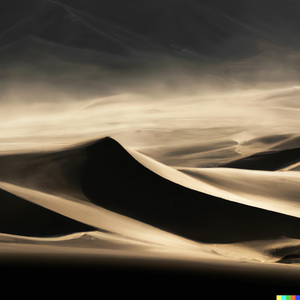 Prompt: A photo of sand dunes, a dust storm approaching in the distance, highly detailed, by Dustin LeFevre, award-winning photograph