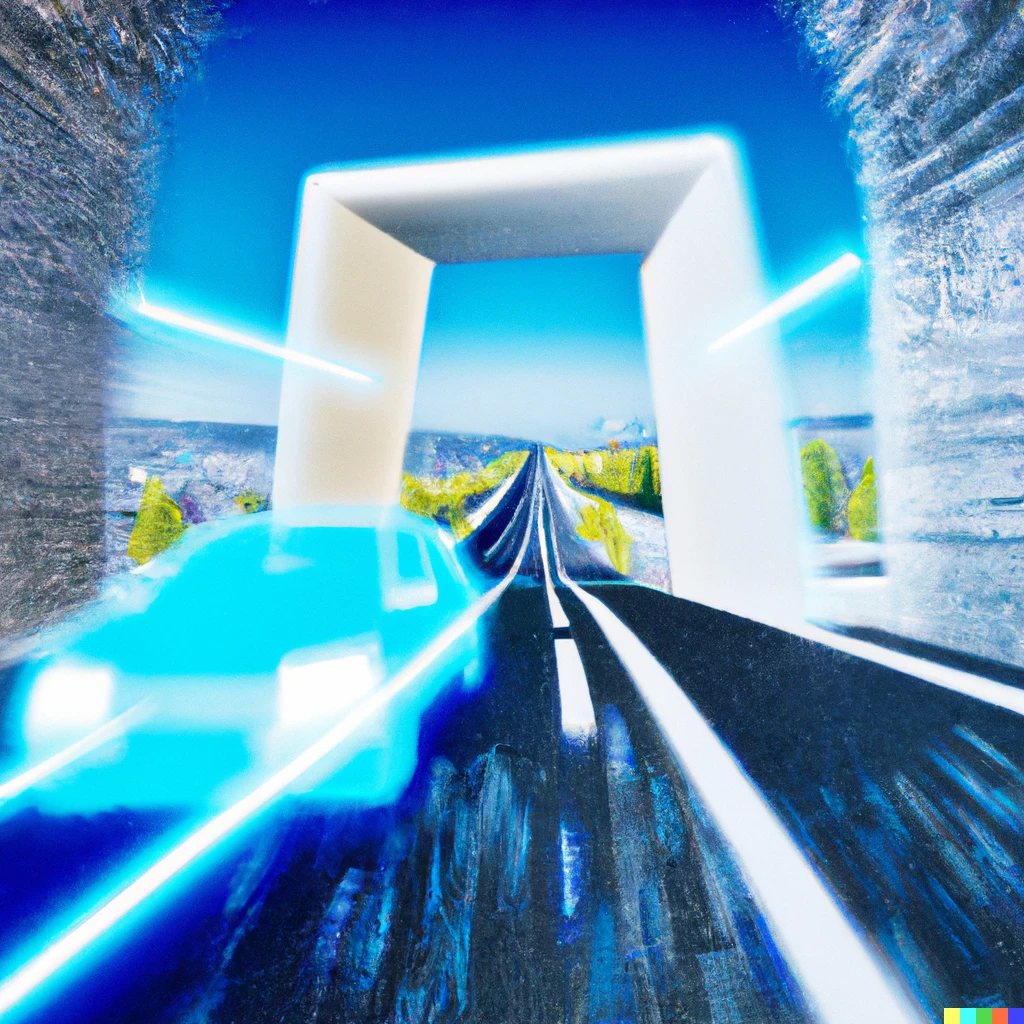 Prompt: A car going on the road through a portal, teleporting to another city.