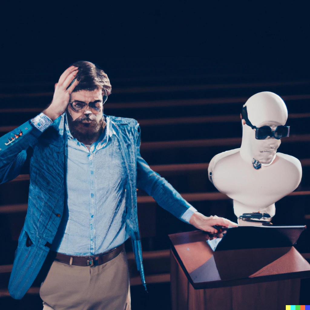 Prompt: Photo of a frustrated professor losing a debate with an emotionless computer about whether AI is intelligent on stage in front of an empty auditorium 