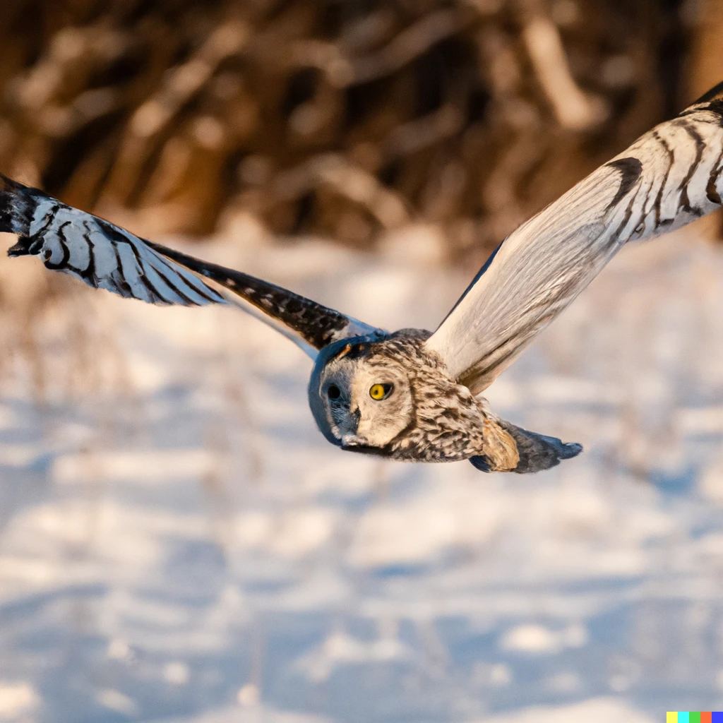 Prompt: Owl swooping over a snowy field 300mm f2.8