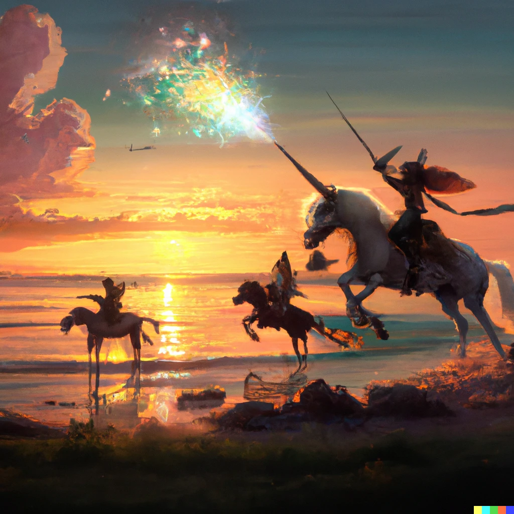 Prompt: Cowboys riding unicorns flying over a sea at the sunset, digital art