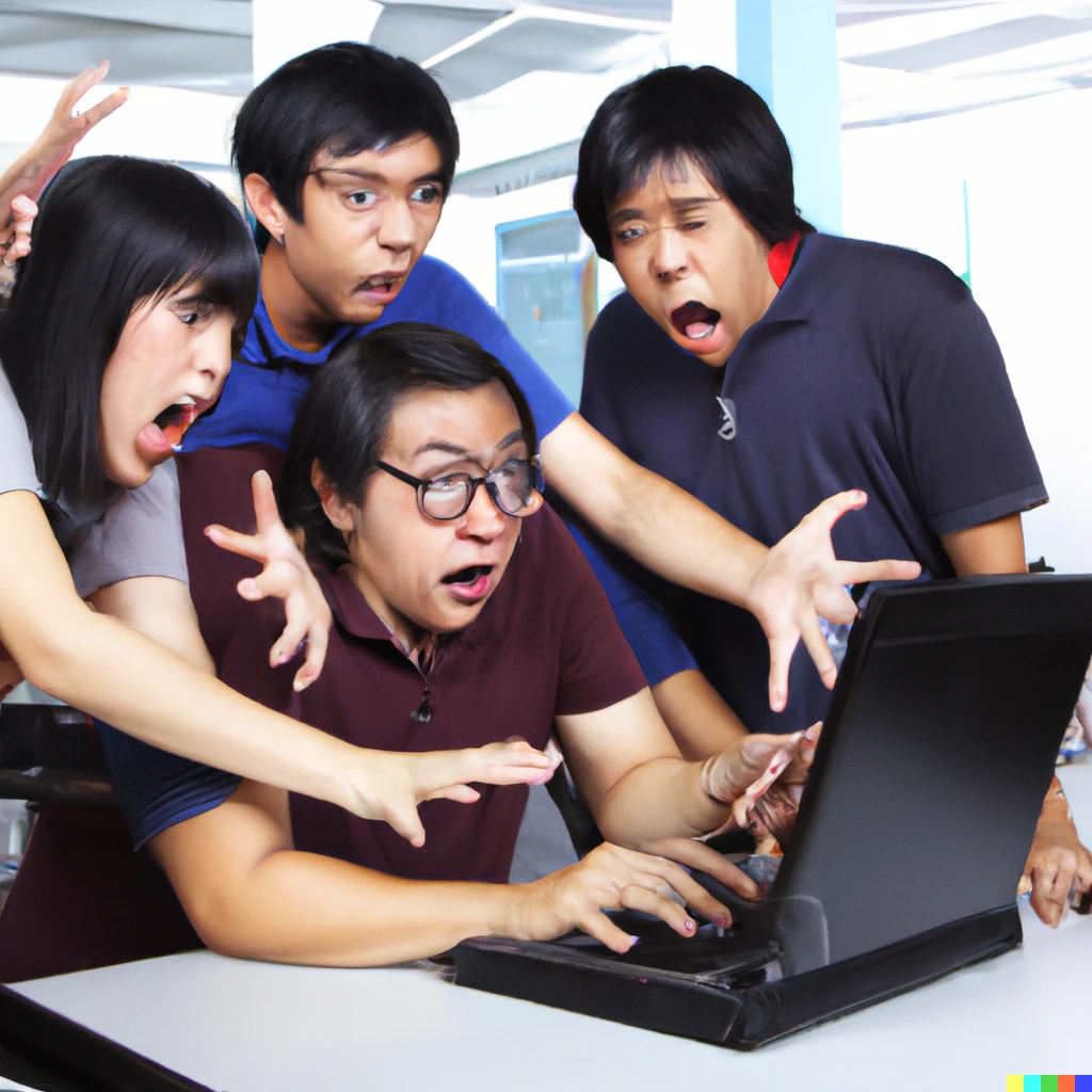 Prompt: a group of freaked out programmers trying to fix an issue on a laptop