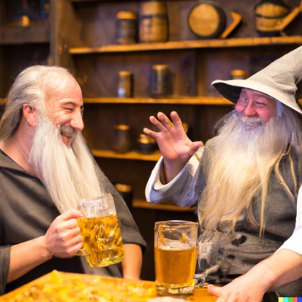 Prompt: Gandalf and dumbledore laughing and drinking beer in a tavern