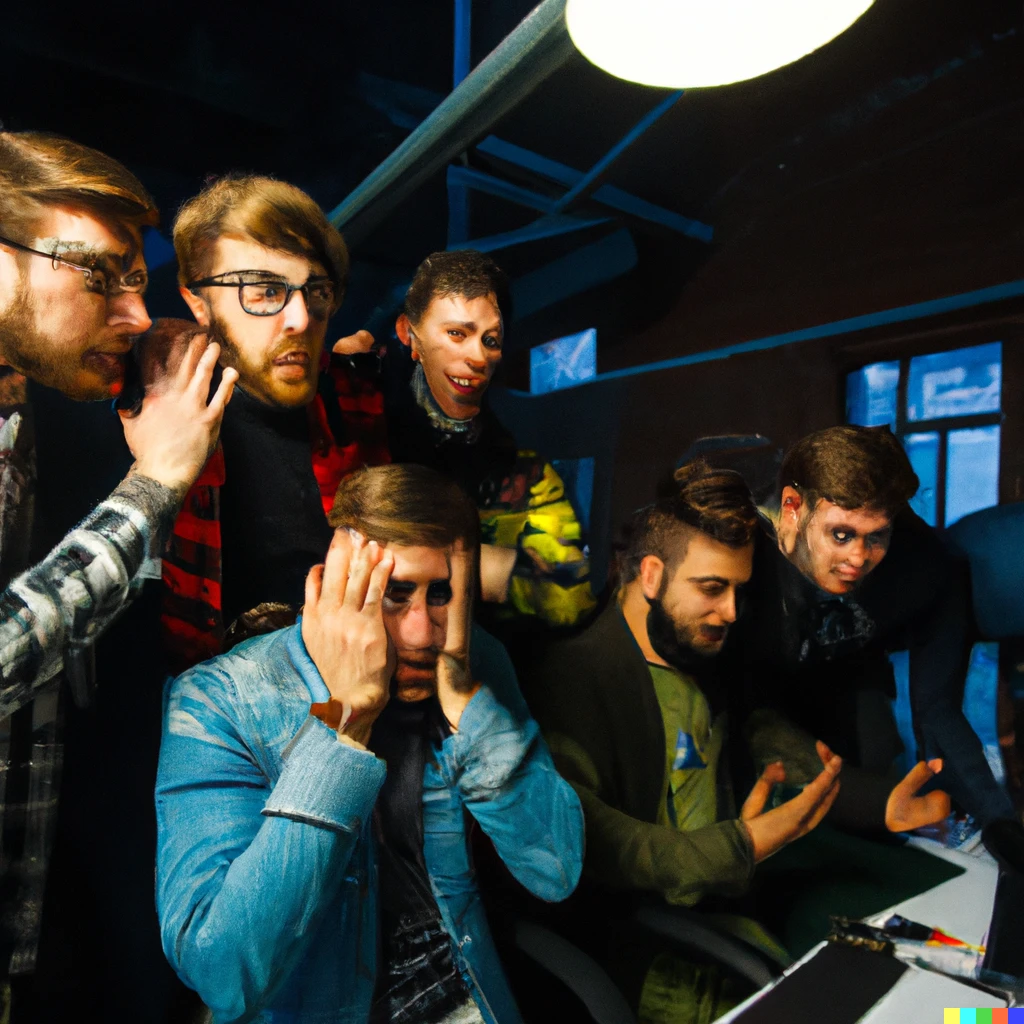Prompt: a large huddle of programmers looking puzzled by a difficult issue