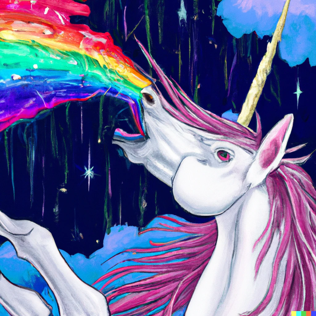 Prompt: A unicorn puking a rainbow, fantasy art