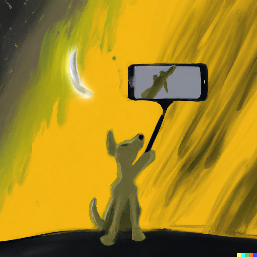Prompt: Modern art The dog is taking a selfie while the moon is shining bright