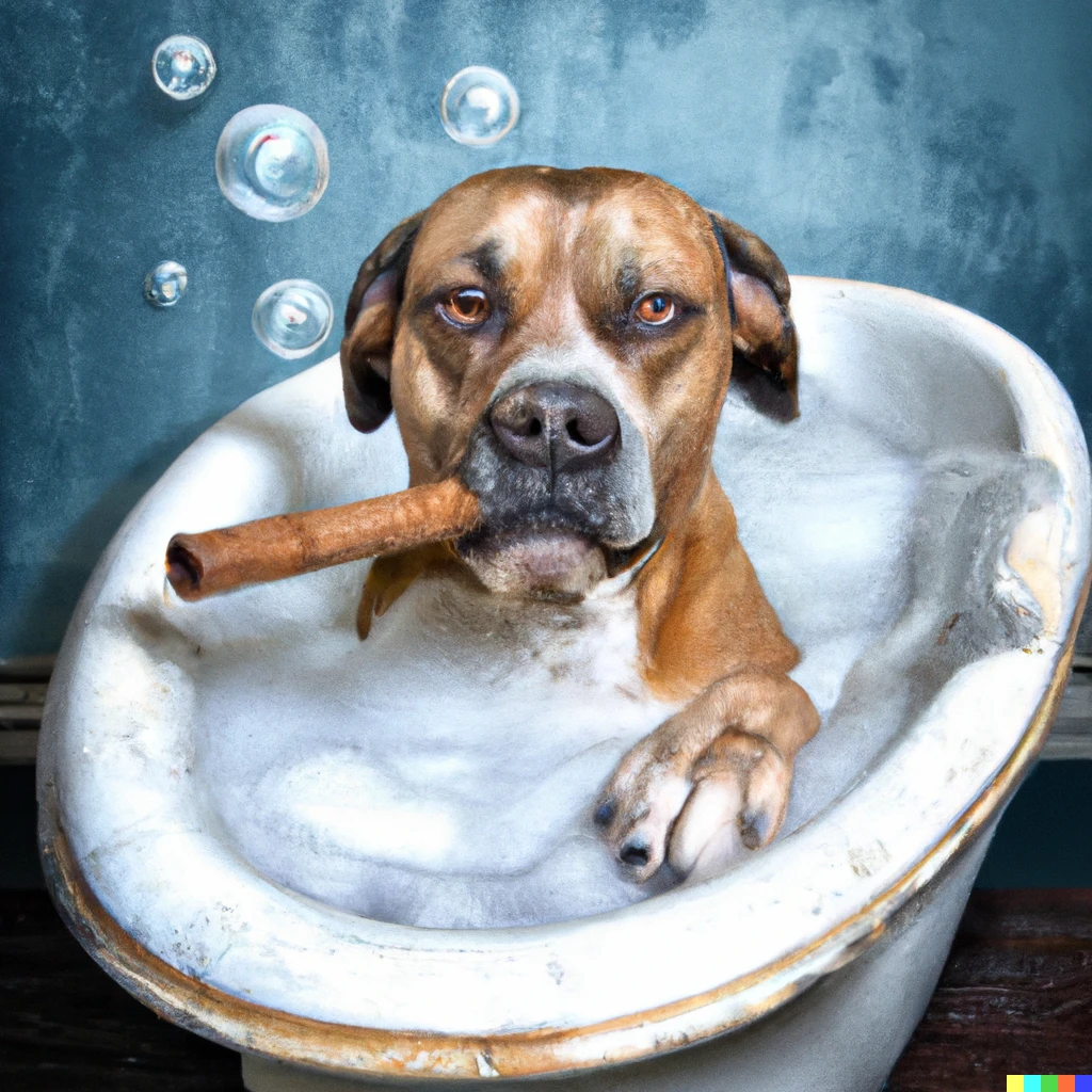 Prompt: A dog taking a bath with bubbles in a old bathtub and smoking a cuban cigar