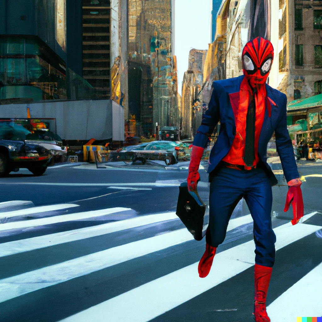 Prompt: Spiderman in a business suit on a crosswalk in New York City