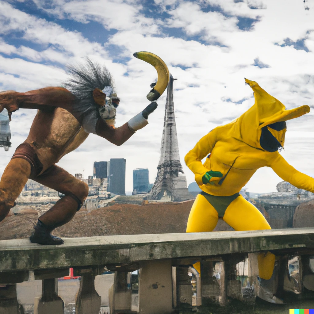 Prompt: a high quality photo a cyberpunk banana fighting against a giant robot monkey in Paris