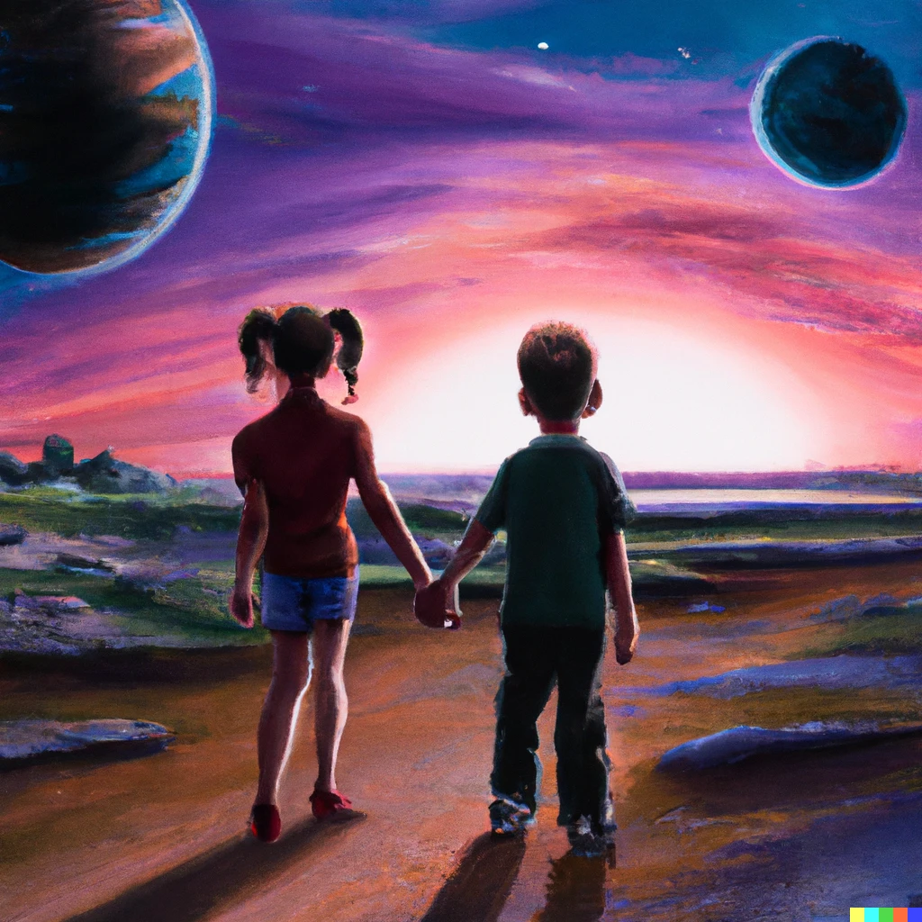 Prompt: A picture from behind of two children holding hands staring into the sunset on an alien planet in the style of a photorealistic drawing