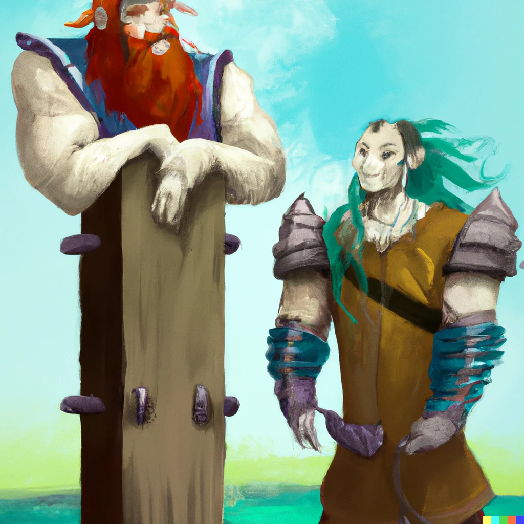 Prompt: A Digital Painting of Two Fantasy barbarian standing next to a mooring post