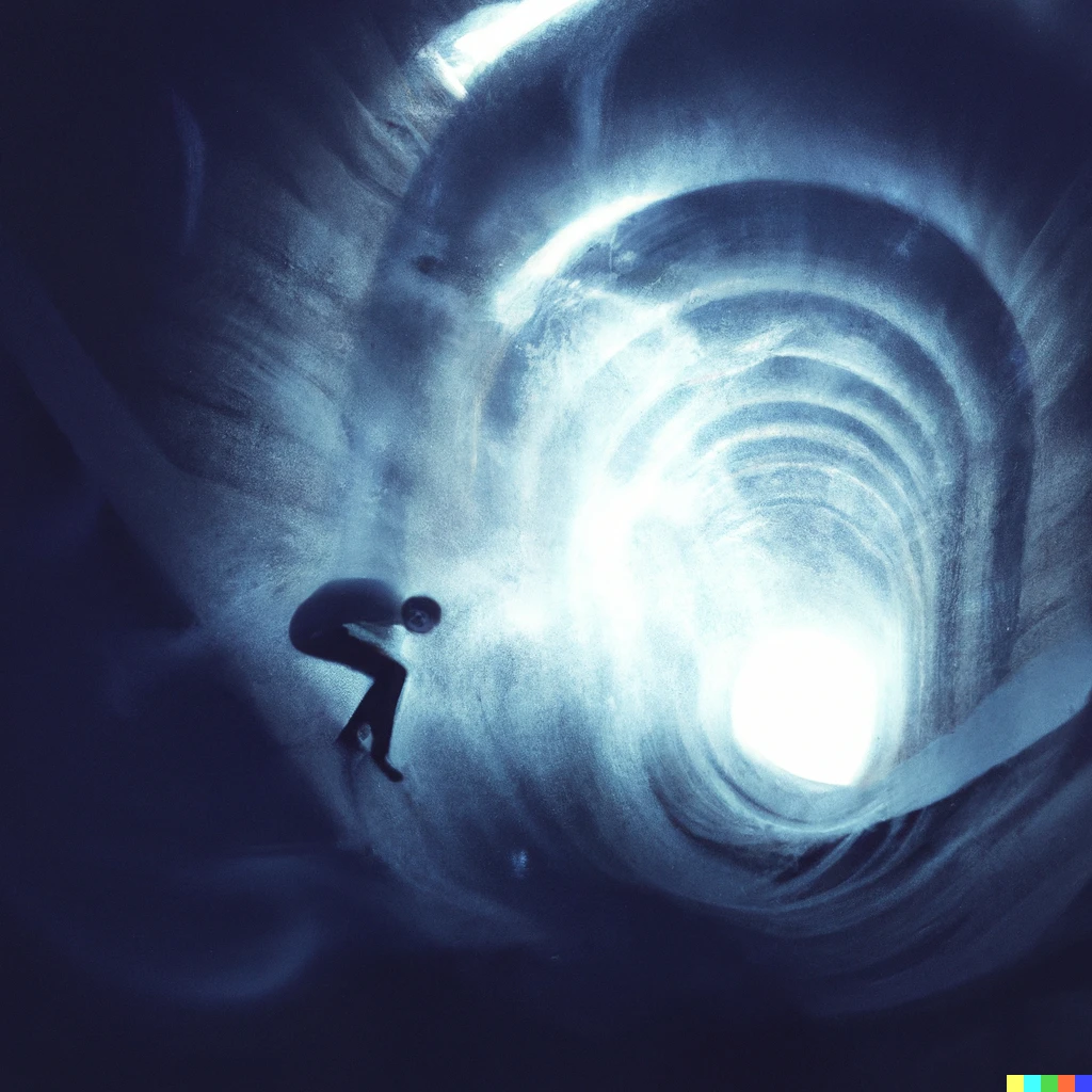 Prompt: a man falling inside his dream, through a deep tunnels with lots of stairs, digital art, nightmare