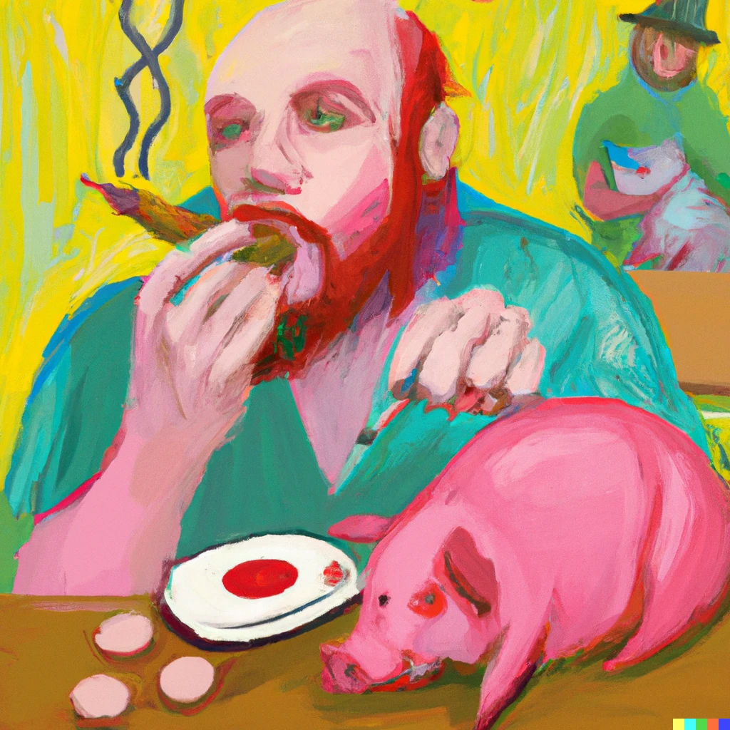 Prompt: A surreal painting of @rawwers eating a whole pig while on drugs