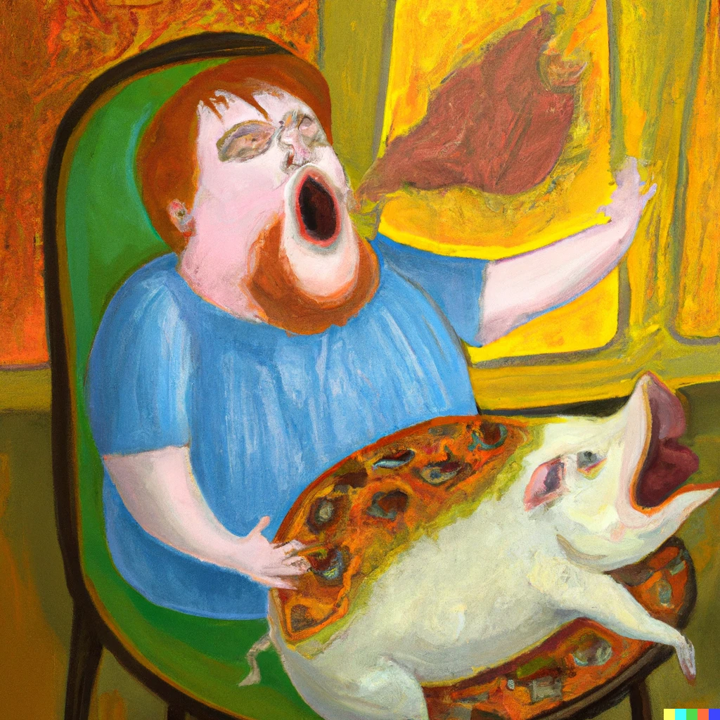 Prompt: A surreal painting of @rawwers eating a whole pig while on drugs