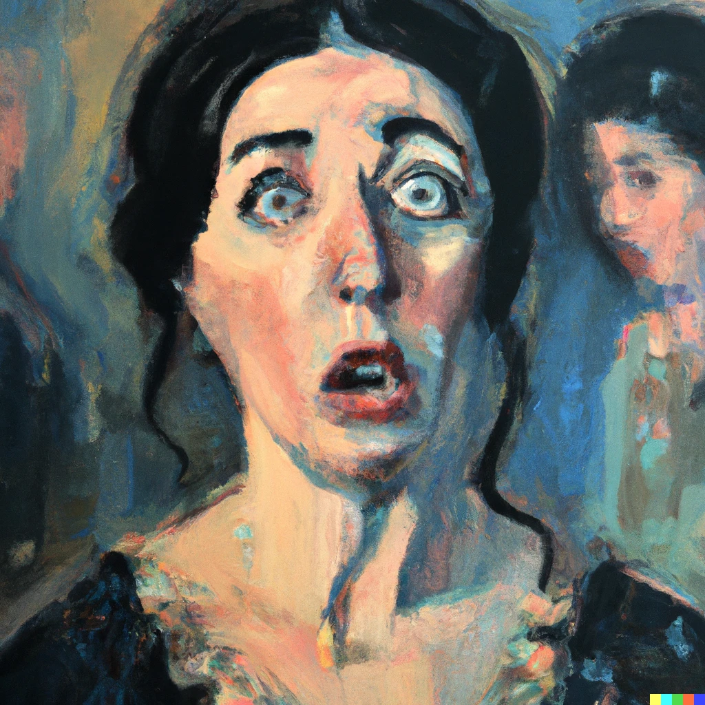 Prompt: Oil painting of a women looking surprised and frightened at the same time as strange things are happening 