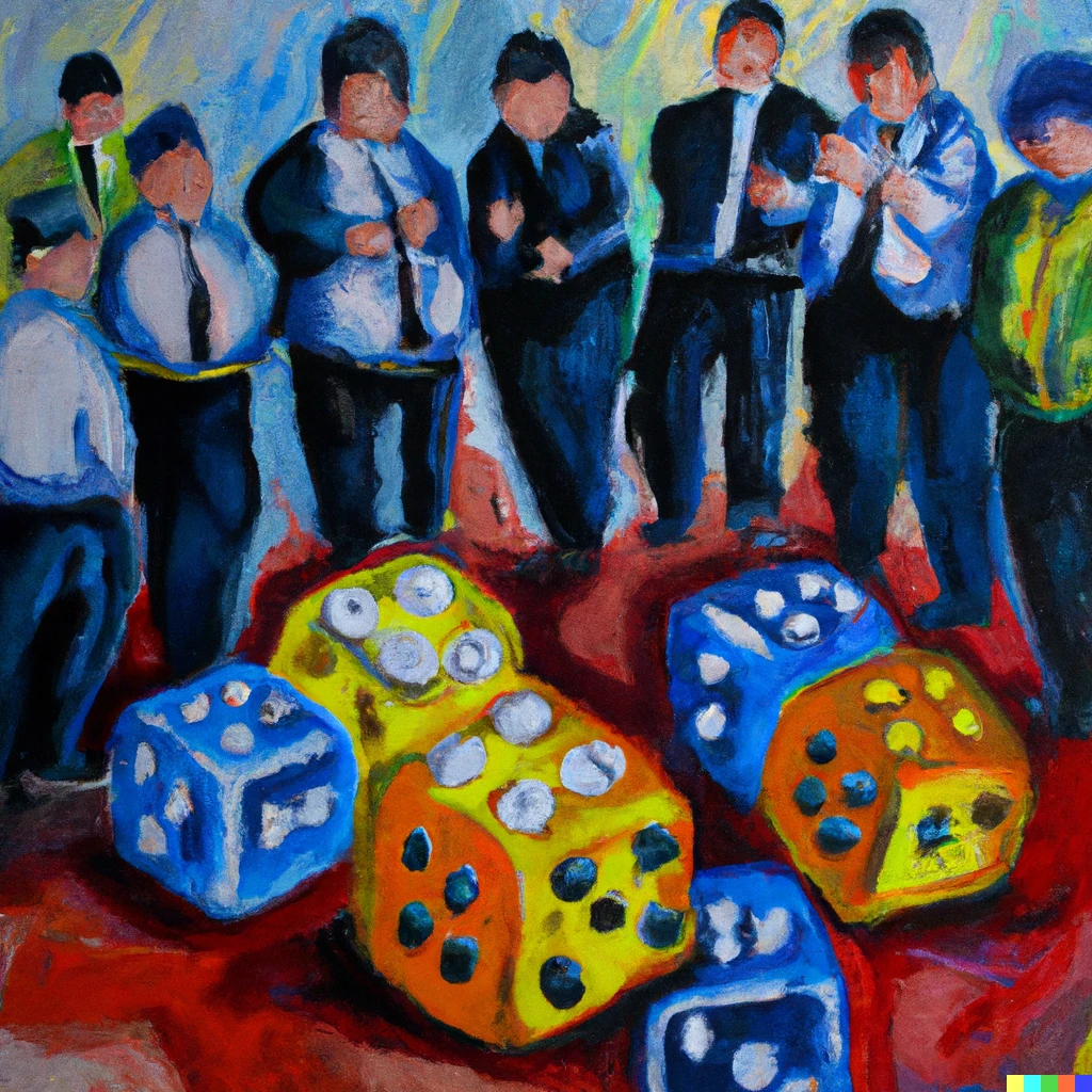 Prompt: An oil painting of the development team of Dice