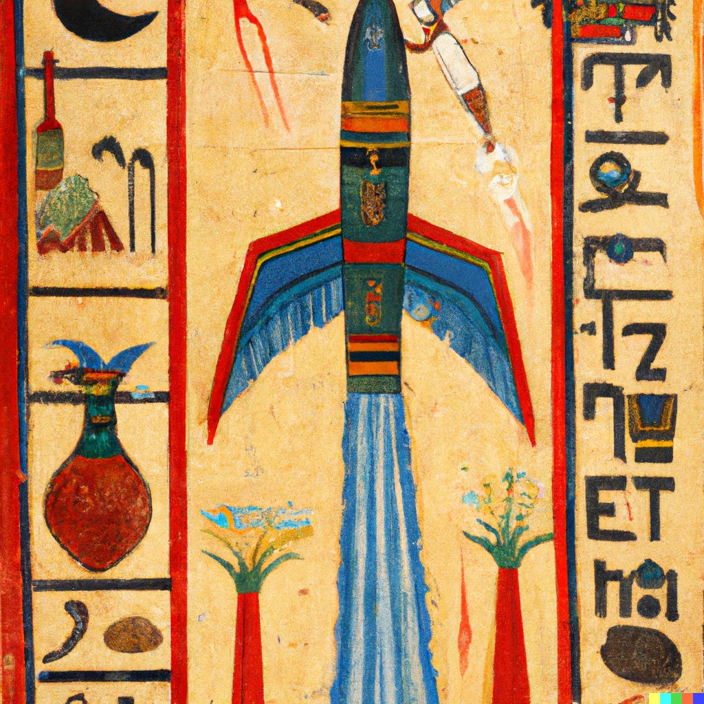 Prompt: An Egyptian Hieroglyph banner depicting a space rocket taking off, detailed