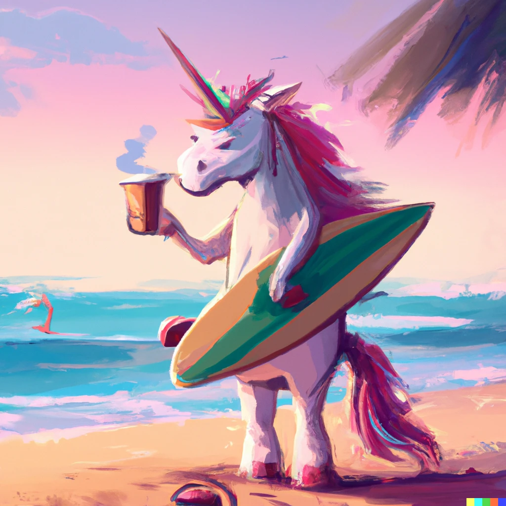 Prompt: a unicorn drinking a latte on the beach with a surf board, digital art