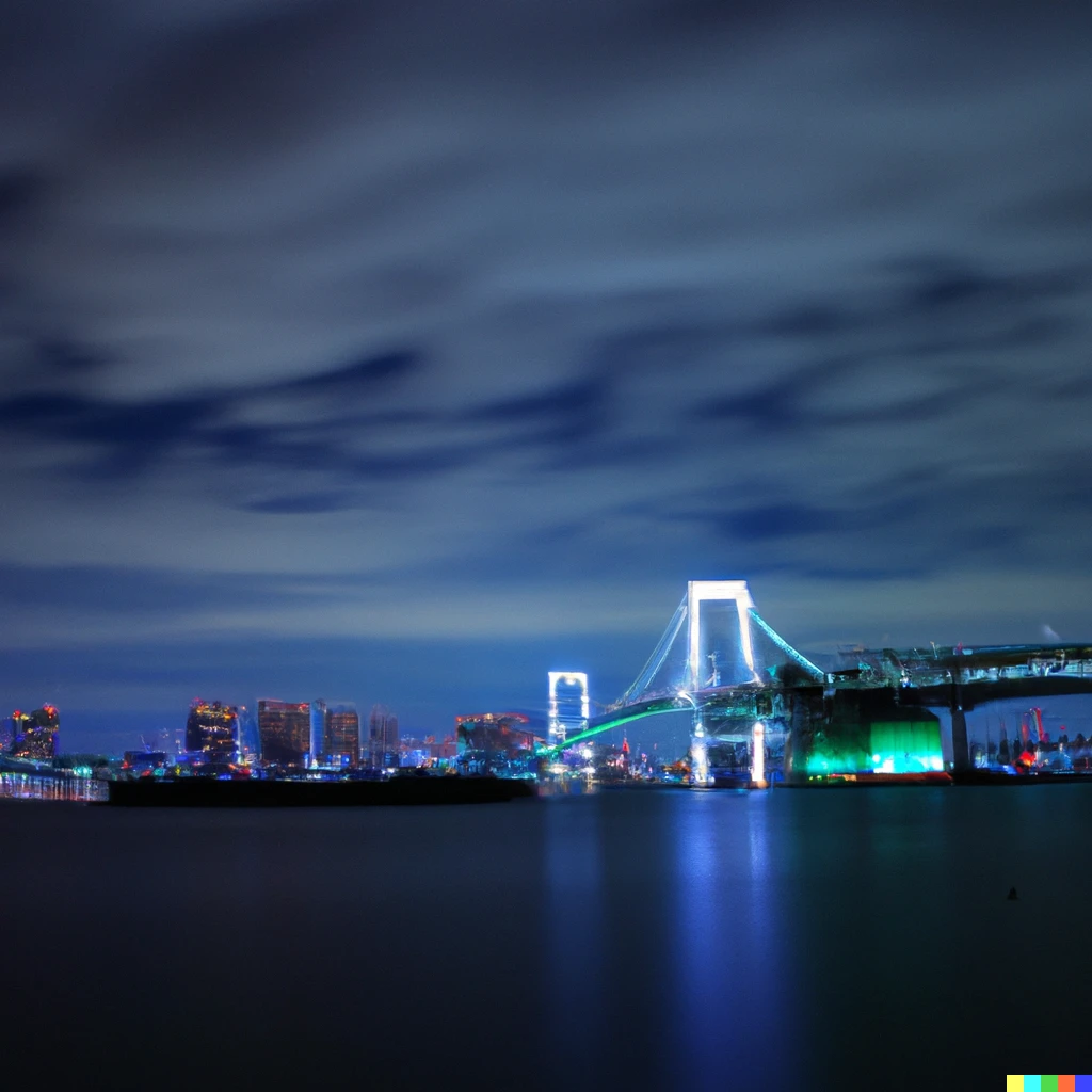Prompt: 近未来　東京湾　巨大な埋立地　未来都市　橋