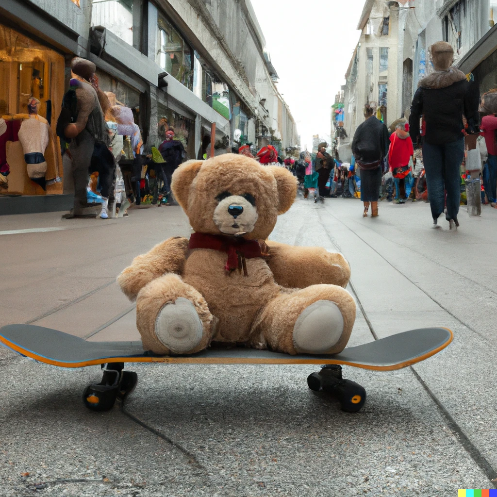 Prompt: Teddybear on skateboard inAntwerp Meir shopping street