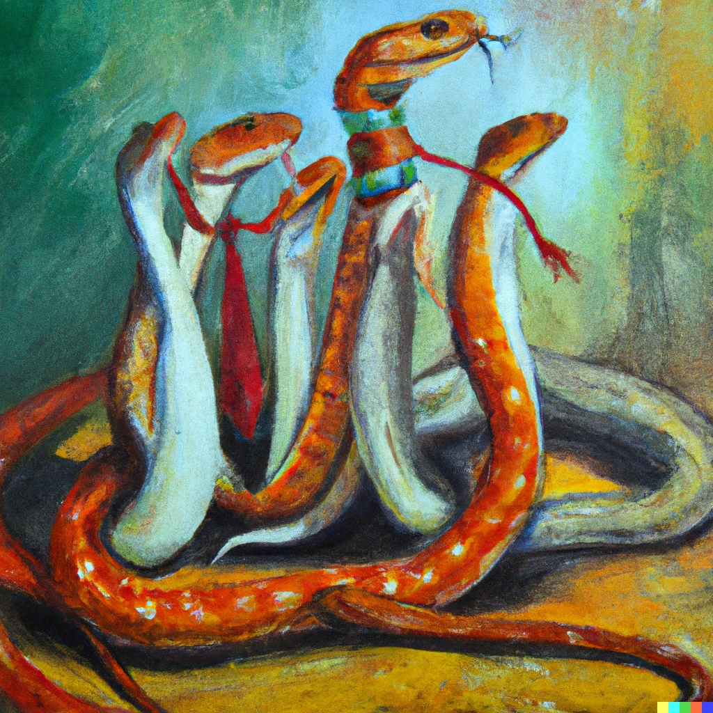 Prompt: An oil painting of a well-dressed corn snake celebrating with his friends after receiving a promotion at work