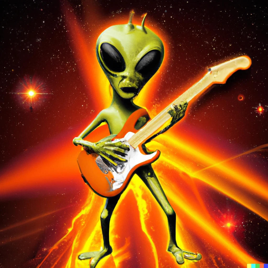Prompt: Alien playing electric guitar in a burning background 