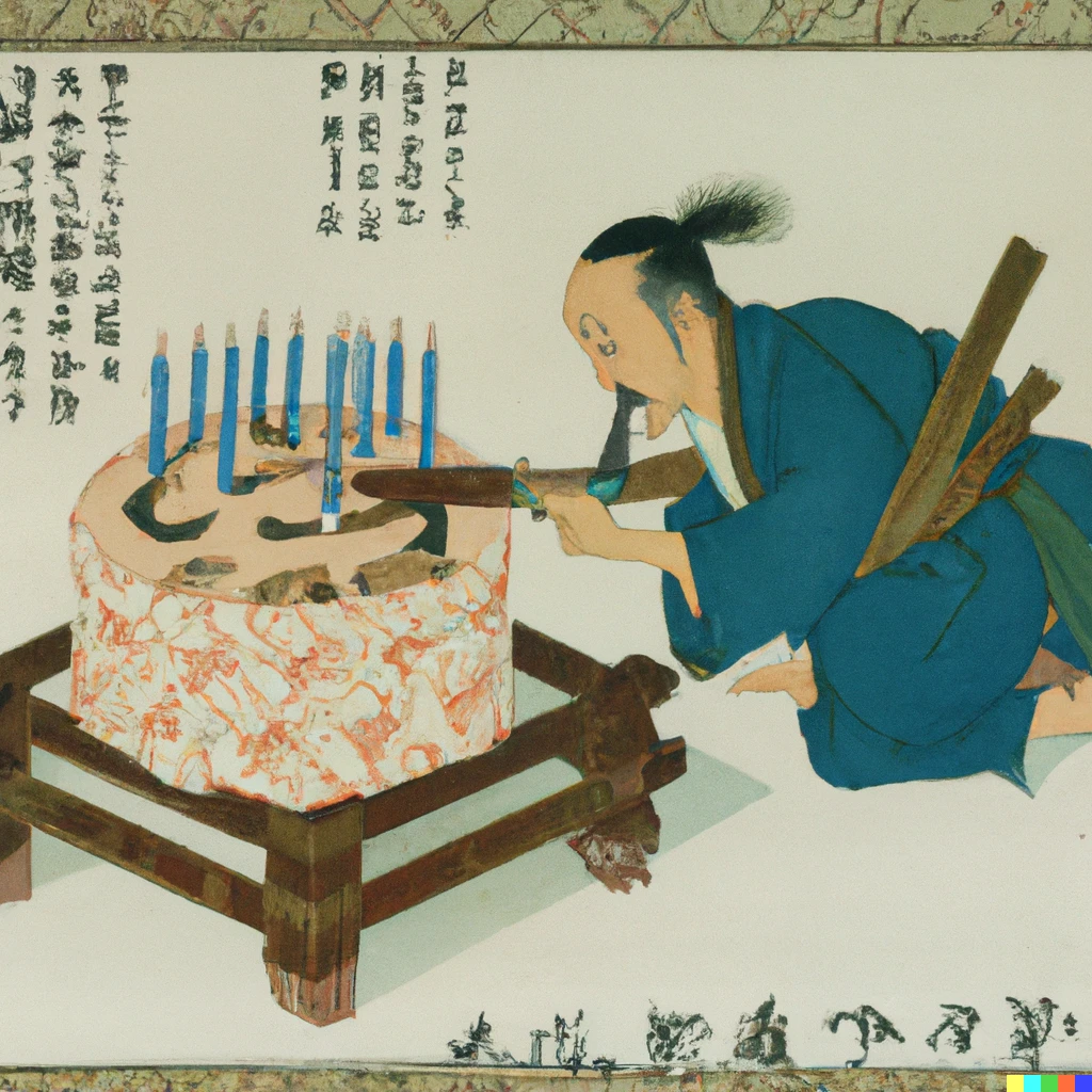 Prompt: "Date Masamune could not successfully extinguish the candles on his birthday cake all at once" by Hokusai