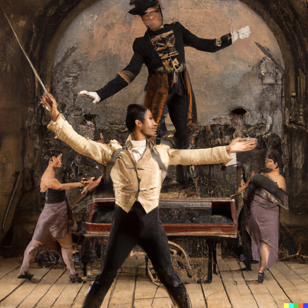 Prompt: a ballet dancer dances with a conductor, in front of an orchestra, in a steampunk style