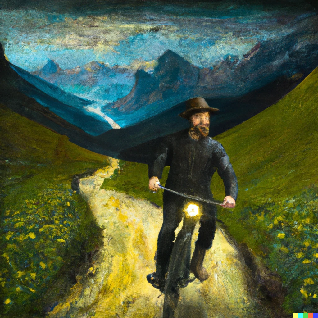 Prompt: Biker riding through mountains painted by Vincent van Gogh