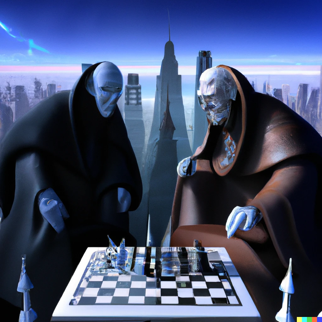 Prompt: Emperor palpatine playing 4d chess against emperor palpatine on a spaceship overlooking a big city