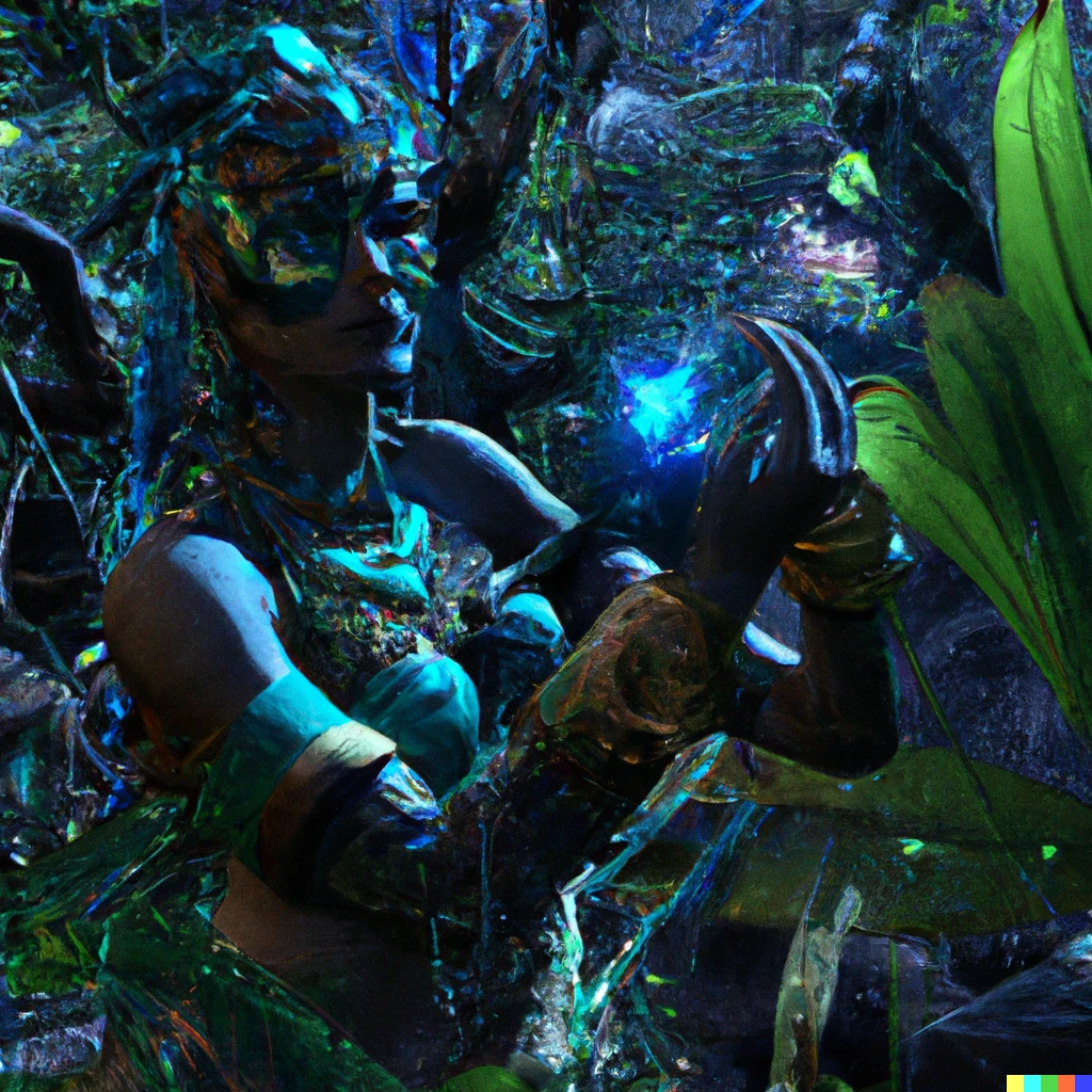 Prompt: a queen, an artificial being in her realm, digital luxuriant, dense  rainforest, where she and the space are alive and interconnected, made by unreal engine