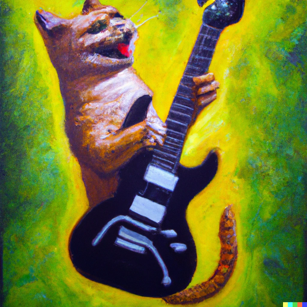 Prompt: Oil painting of a cat playing an electric guitar