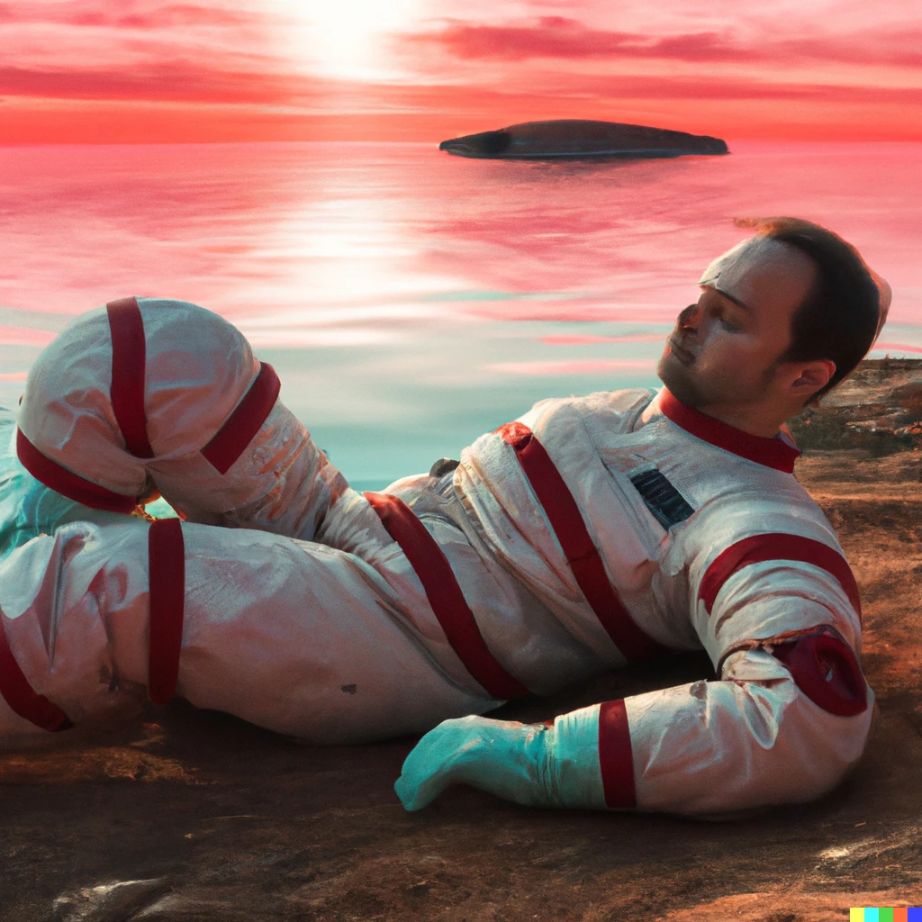 Prompt: A photo of astronout relaxing when sunset on mars ocean