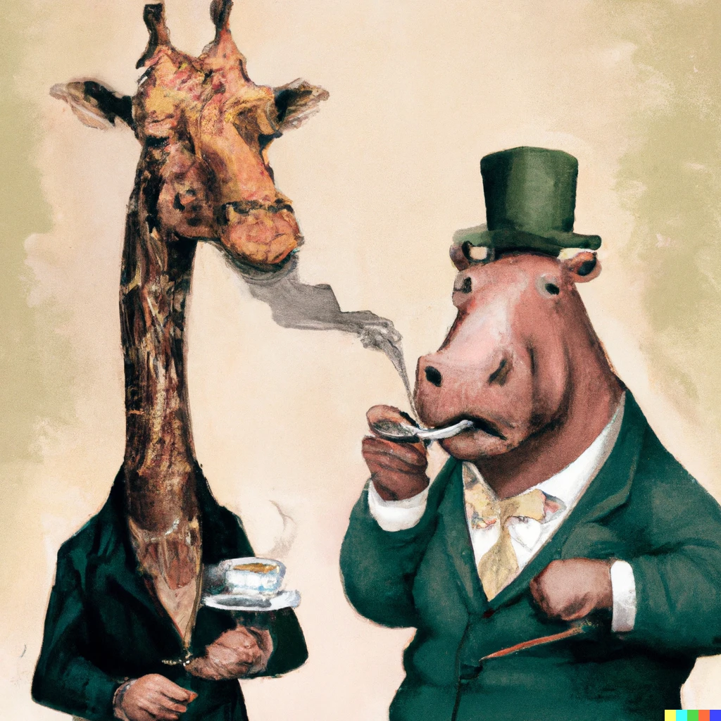 Prompt: A giraffe dressed as a gentleman smoking a pipe, and a hippo standing upright dressed in a 1920s suit drinking a cup of tea