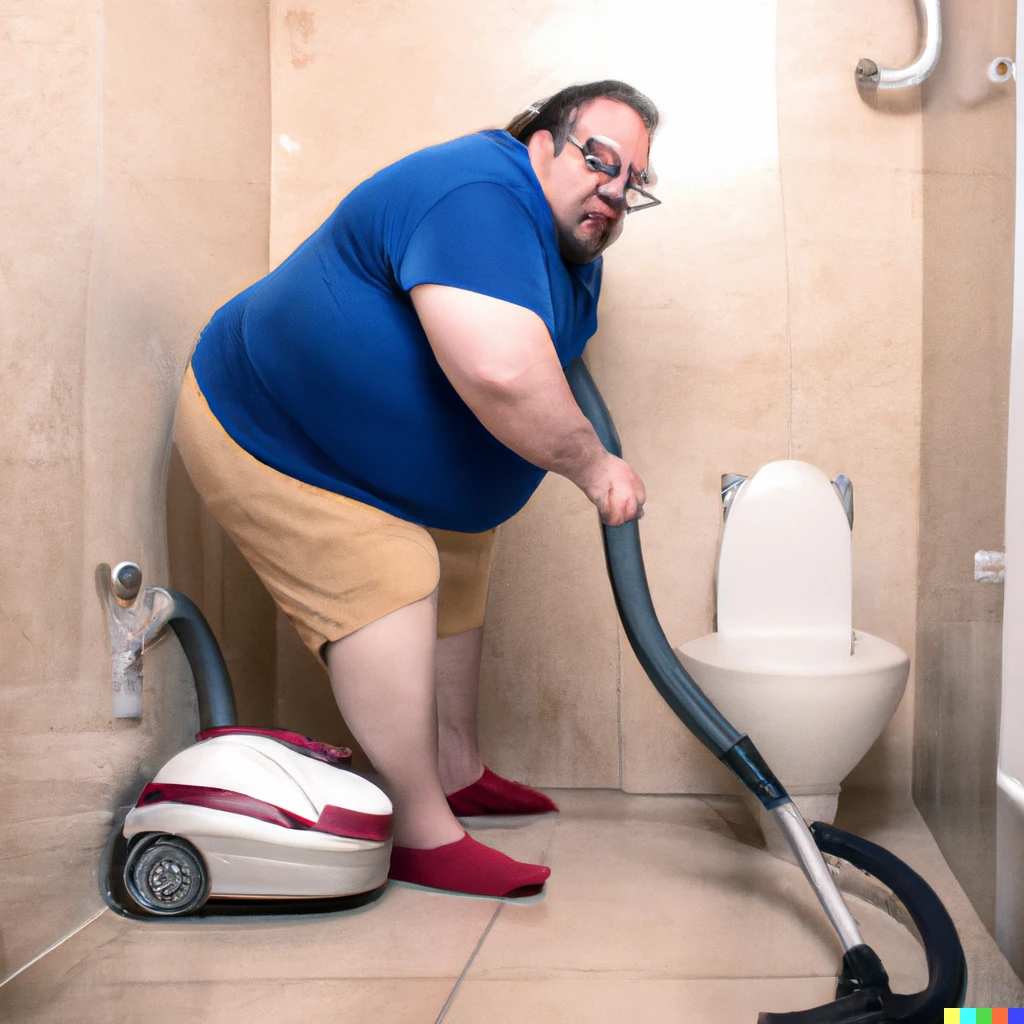 Prompt: Fat man trying to unblock a toilet with a vacuum cleaner
