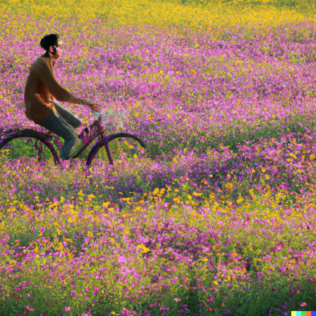 Prompt: bike man field of flowers 