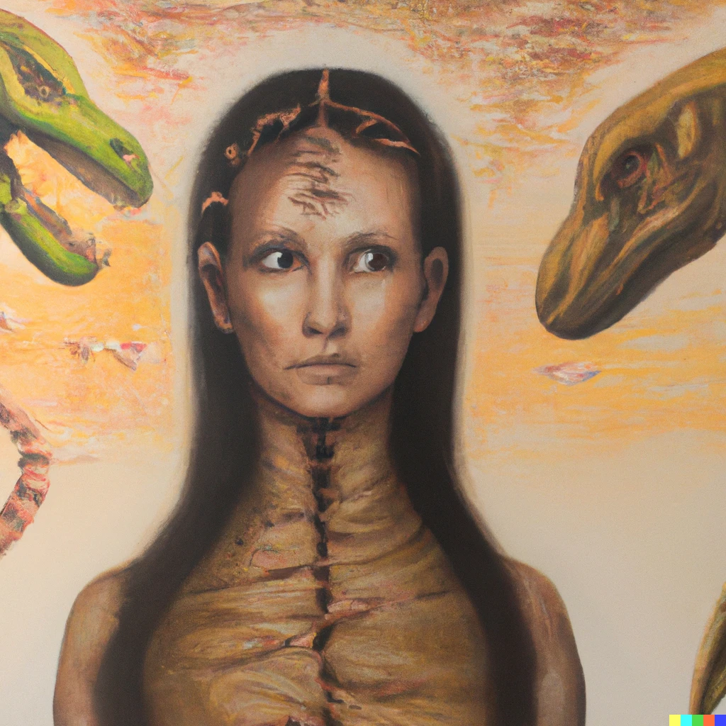 Prompt: An oil painting of human kinds natural evolution  in 20 million years when they are controlled by androids on earth