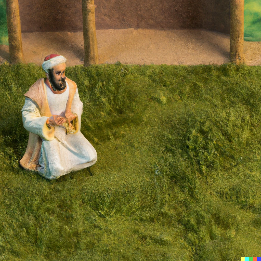 Prompt: A diorama of An Imam giving a khutba outside in the grass  in the American west in the 1900s