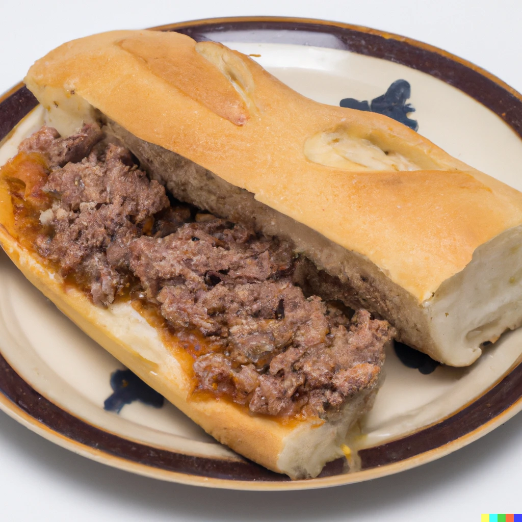 Prompt: a photo of cooked mincemeat and cooked ground beef inside a slice of baguette that's on a ceramic platter