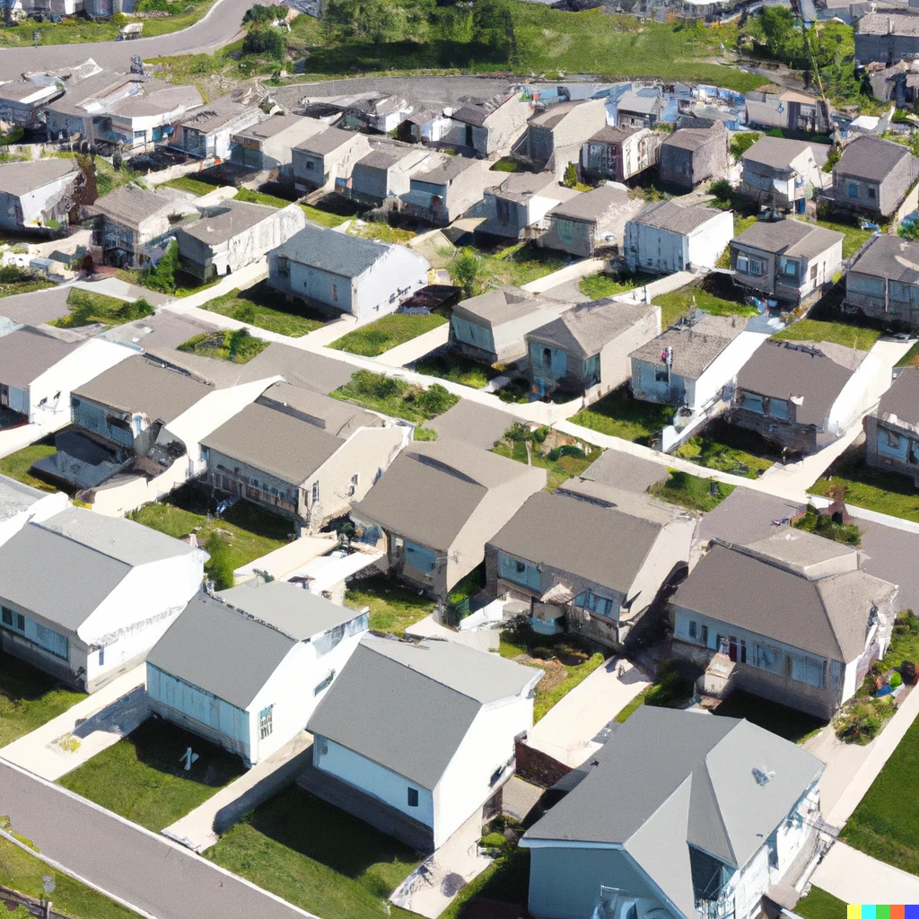 Prompt: bird's eye view of a neighborhood filled with steel cottages, high definition, 8k,