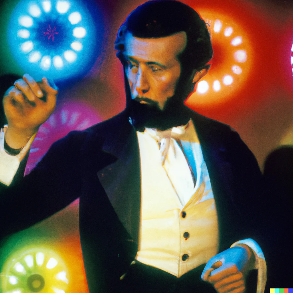 Prompt: color photograph of abraham lincoln dancing in a 1970s disco
