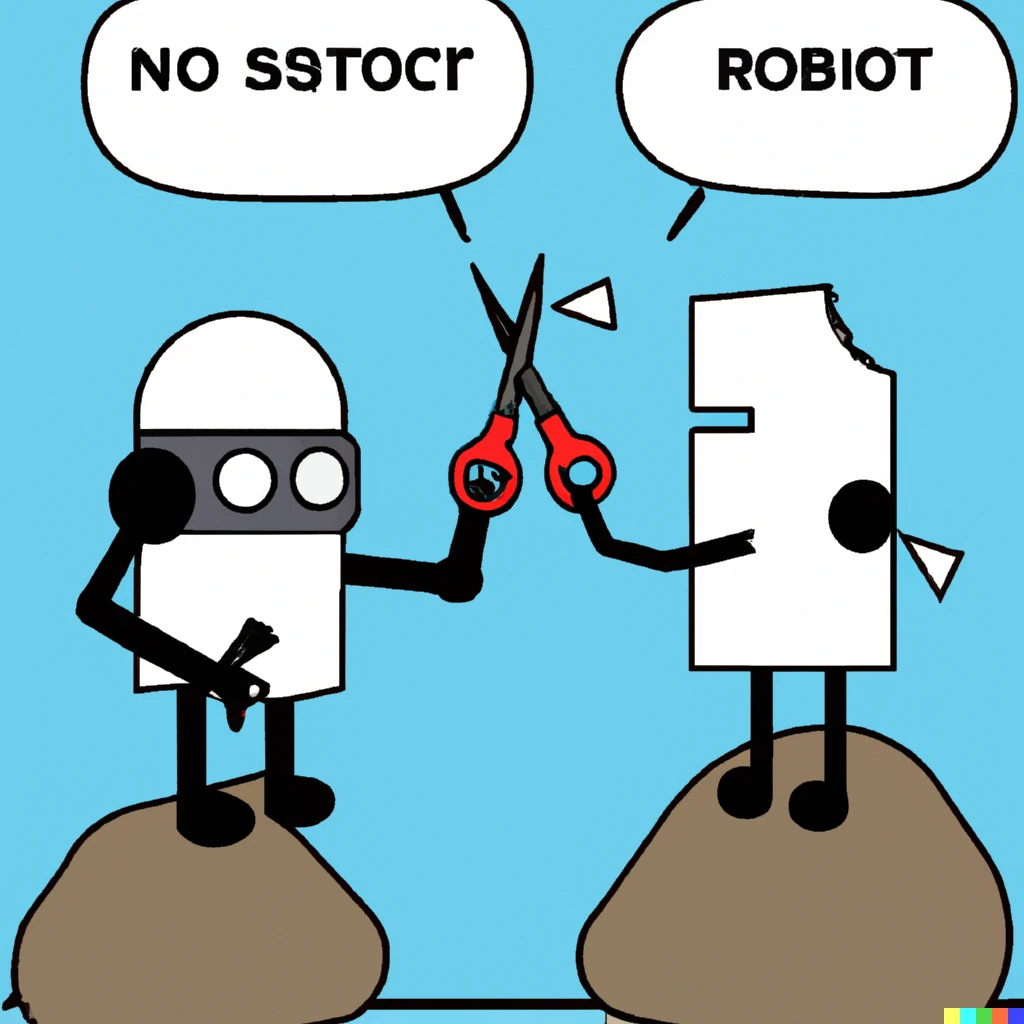 Prompt: two robots playing rock-paper-scissors. one has a thought bubble with a rock in it. 