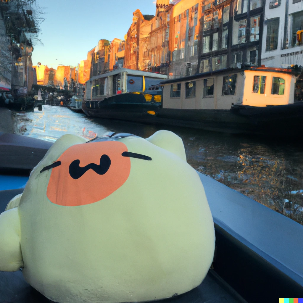 Prompt: a photo of a squishmallow riding a canal boat in Amsterdam